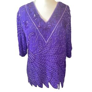 Mark & John III blouse shirt sleeves V-neckline pure silk beaded/sequined Sz M